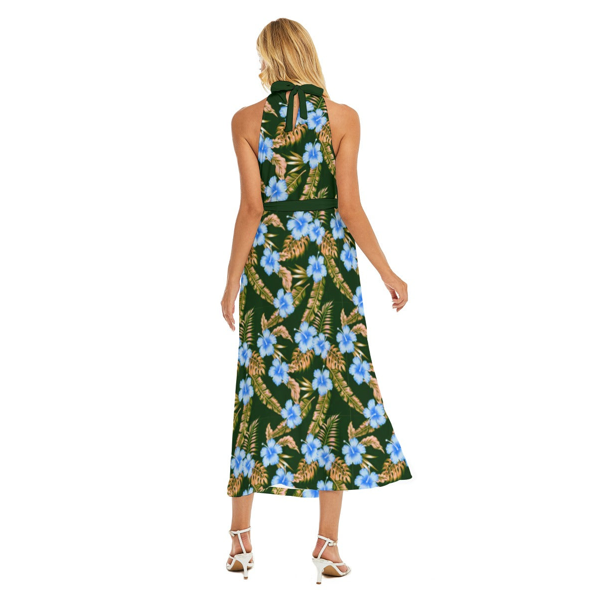 Tropical Hibiscus Women's Wrap Hem Belted Halter Dress