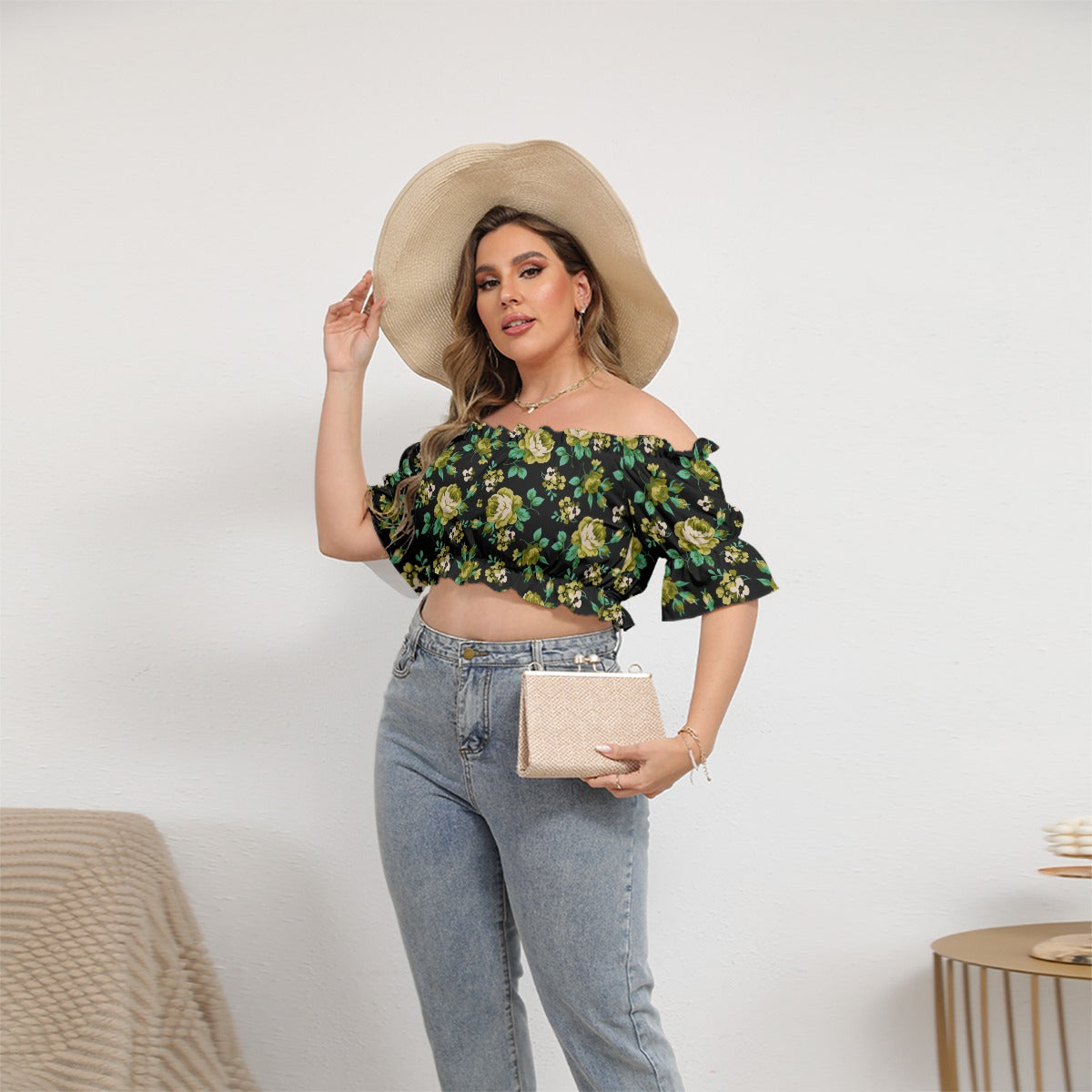 Yellow Roses Women's Black Off-shoulder Cropped Top With Short Puff Sleeve