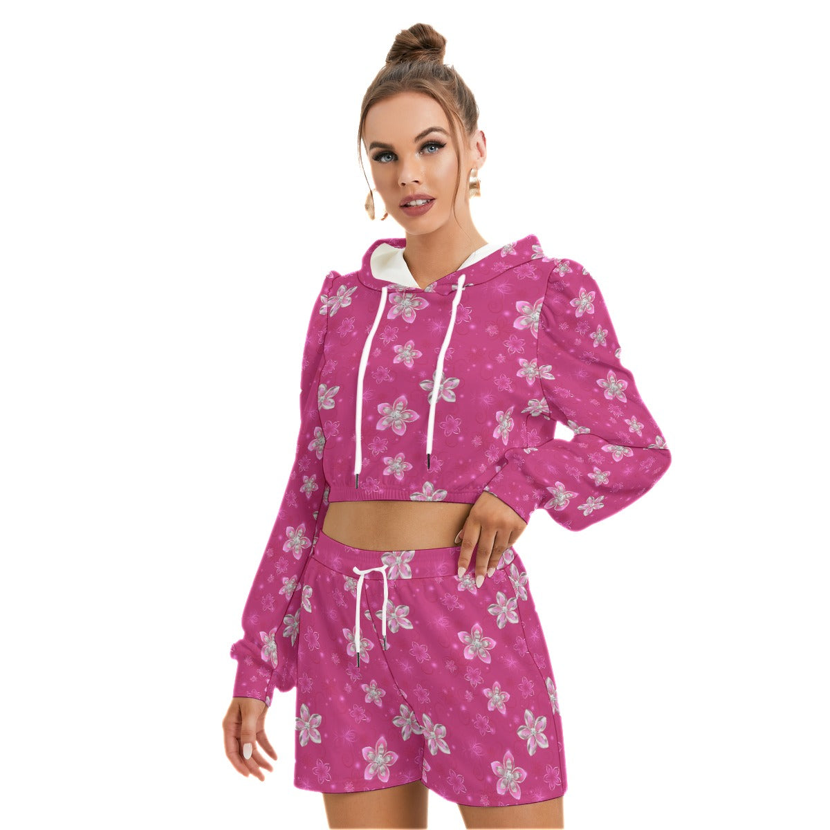 Pink With Silver Flowers Women's Micro Fleece Hoodie And Shorts Set