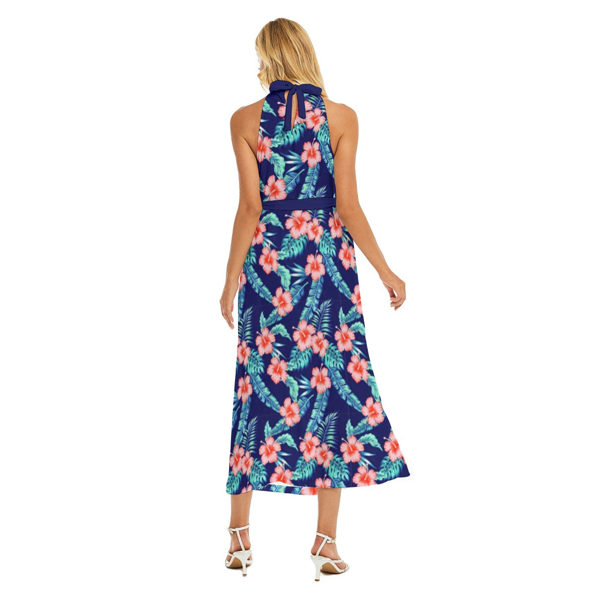 Tropical Hibiscus Women's Wrap Hem Belted Halter Dress