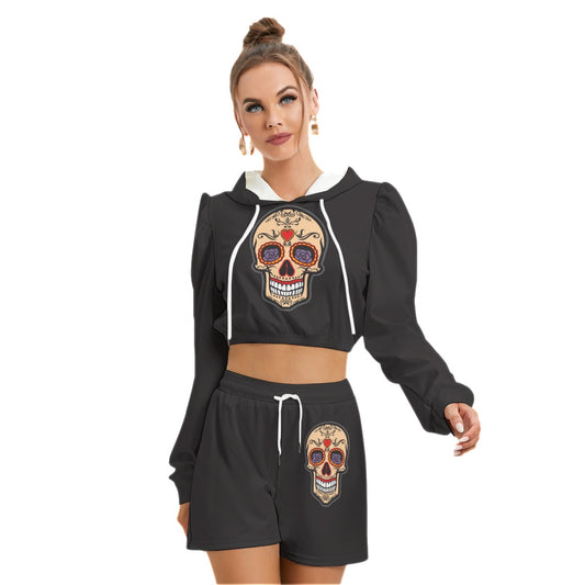 Sugar Skull Black Women's Micro Fleece Hoodie And Shorts Set