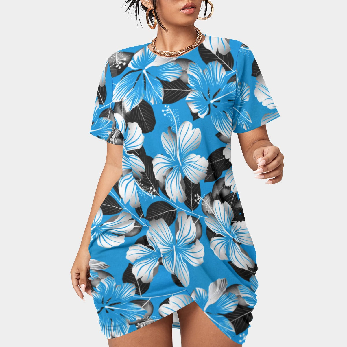 Women’s Tropic Style Stacked Hem Dress With Short Sleeve(Plus Size)