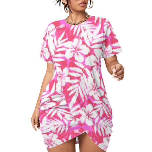 Pink Tropical Flowers Women’s Stacked Hem Dress With Short Sleeve (Plus Size)
