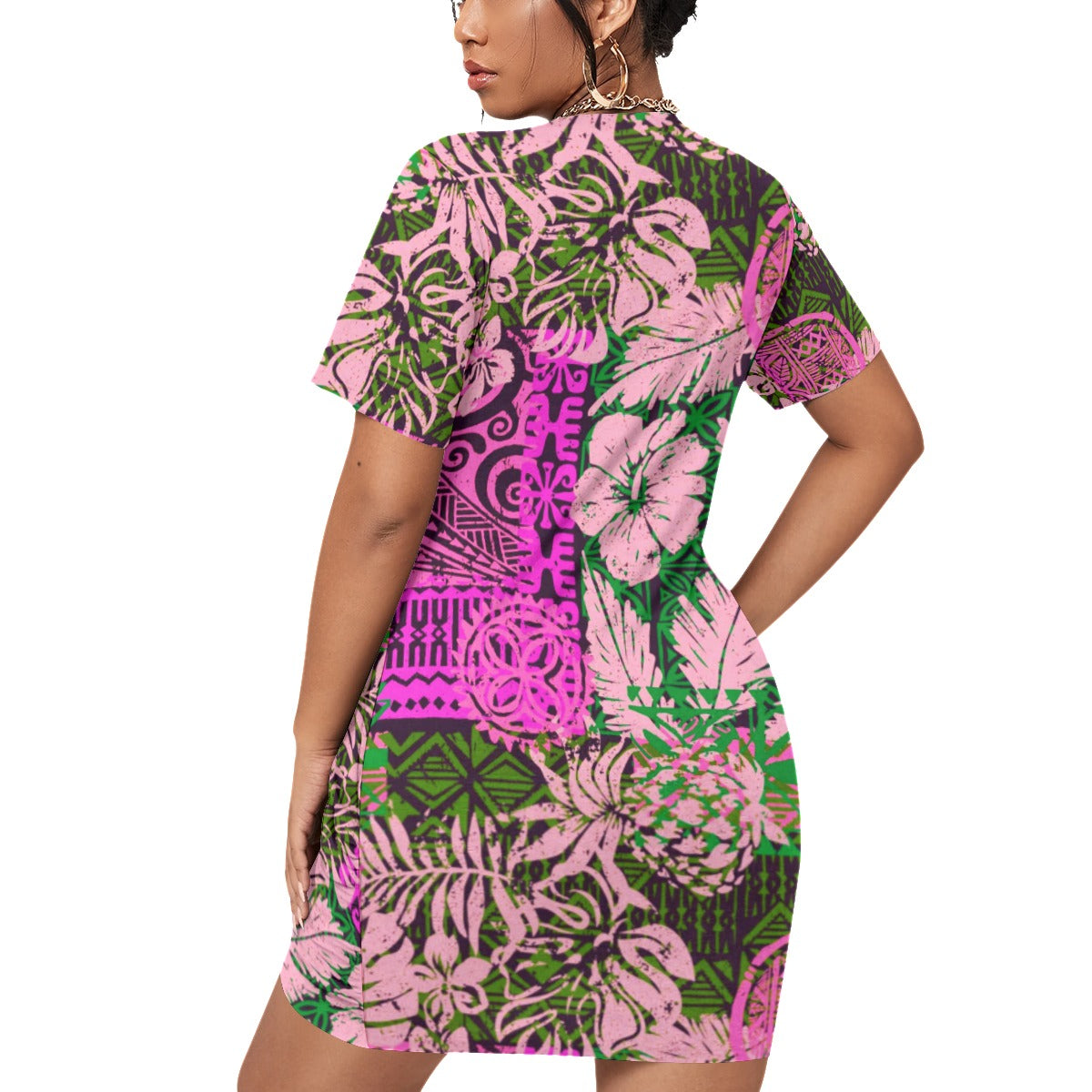 Hawaiian Style Women’s Stacked Hem Dress With Short Sleeve(Plus Size)