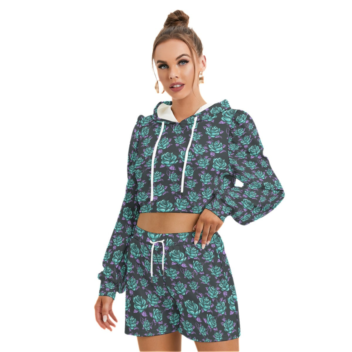 Teal Roses Women's Micro Fleece Hoodie And Shorts Set