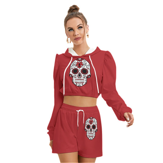 Sugar Skull Red Women's Micro Fleece Hoodie And Shorts Set
