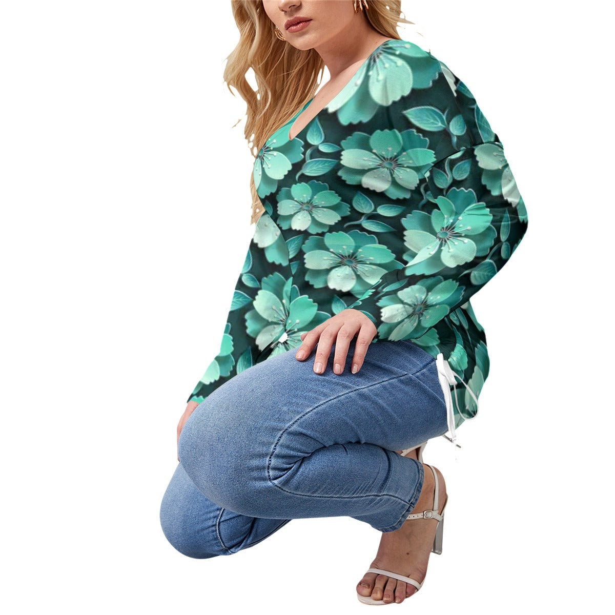 Black With Teal Cherry Blossoms Women’s V-neck T-shirt With Side Drawstring(Plus Size)