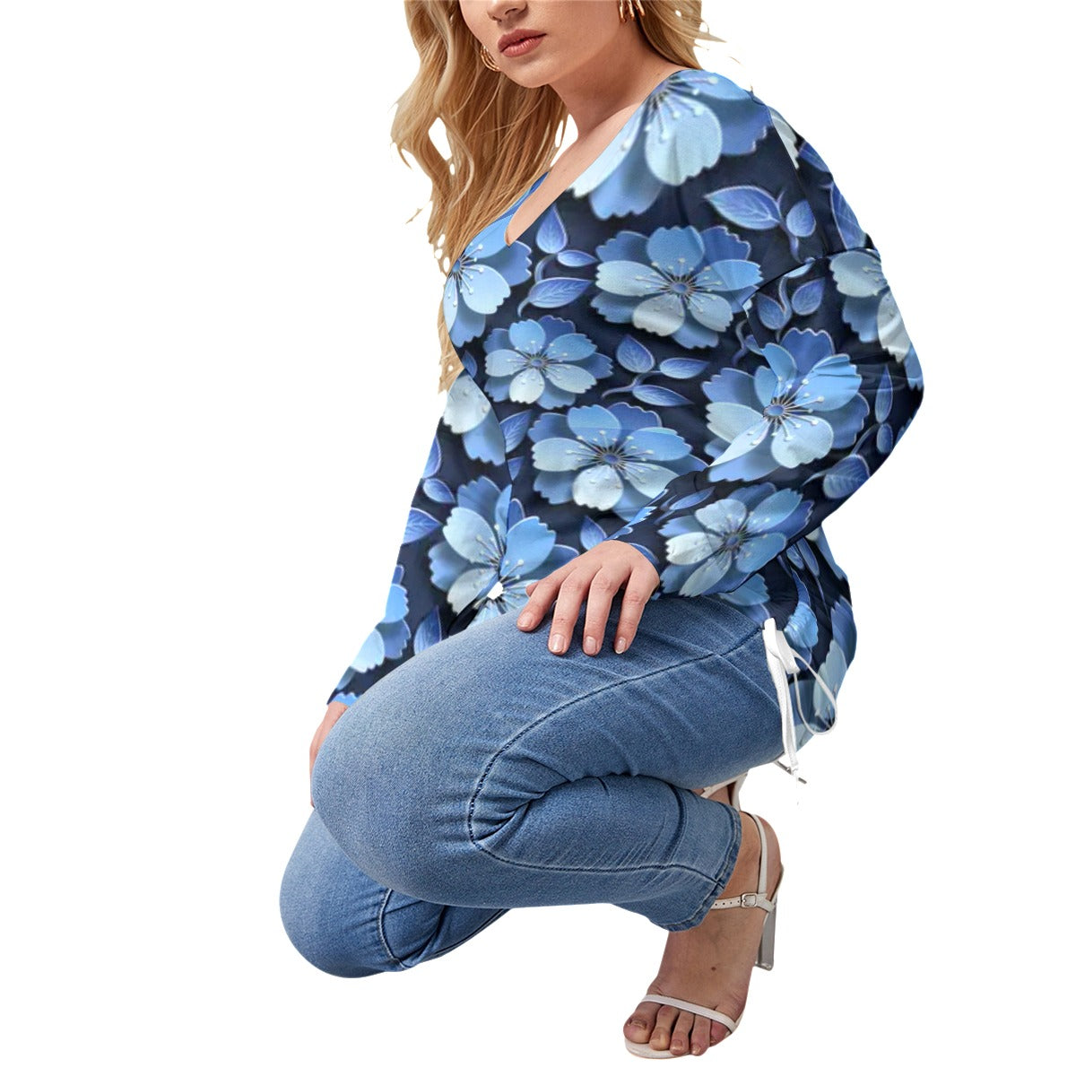 Black With Blue Cherry Blossoms Women’s V-neck T-shirt With Side Drawstring(Plus Size)