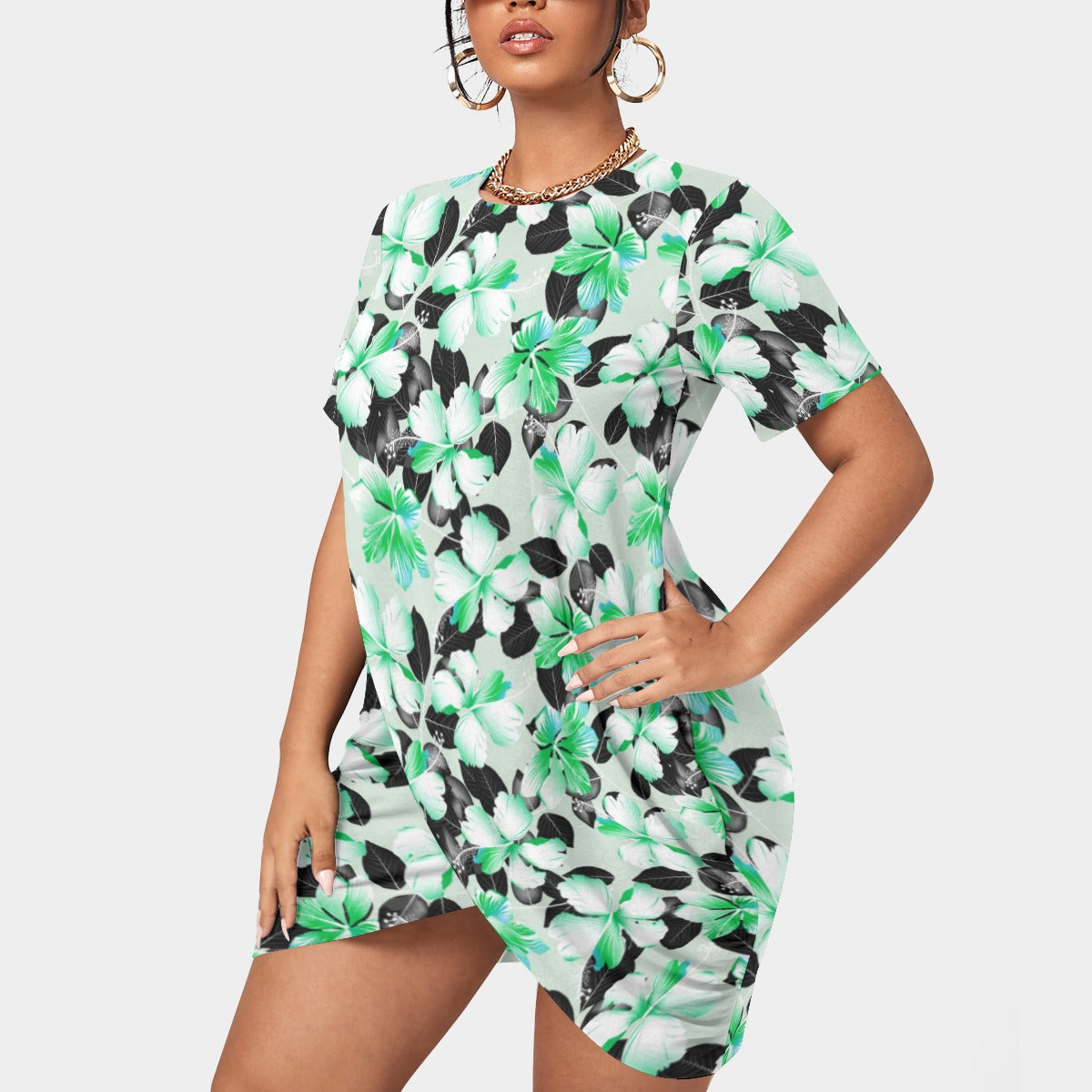 Women’s Tropic Style Stacked Hem Dress With Short Sleeve(Plus Size)