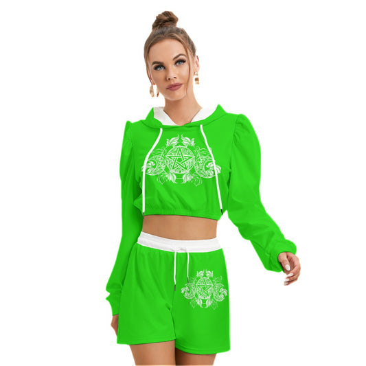 Green & White Pentagram With Leaves Women's Micro Fleece Hoodie And Shorts Set