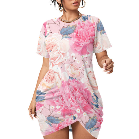 Cute Roses Women’s Stacked Hem Dress With Short Sleeve (Plus Size)