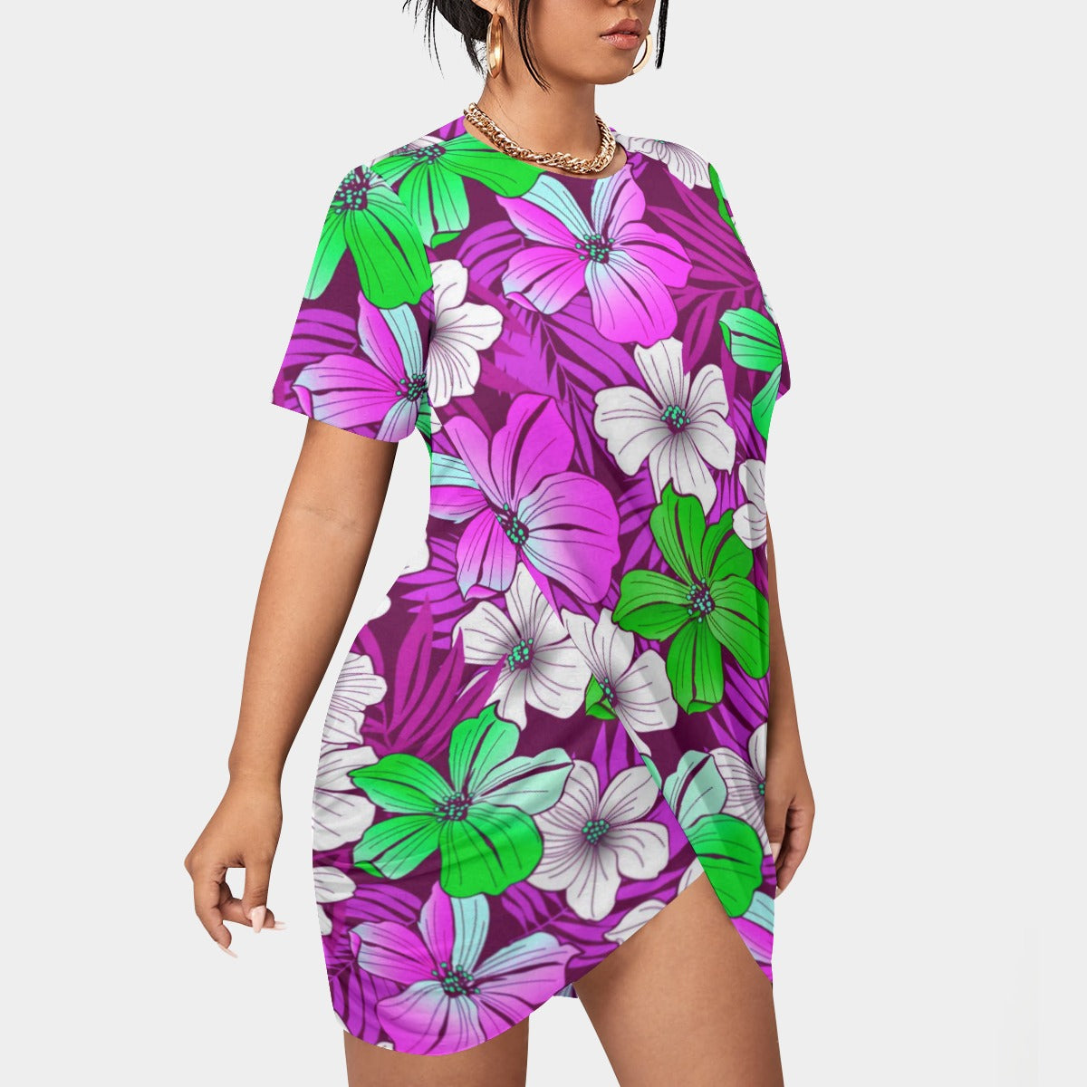 Women’s Tropical Summer Stacked Hem Dress With Short Sleeve(Plus Size)