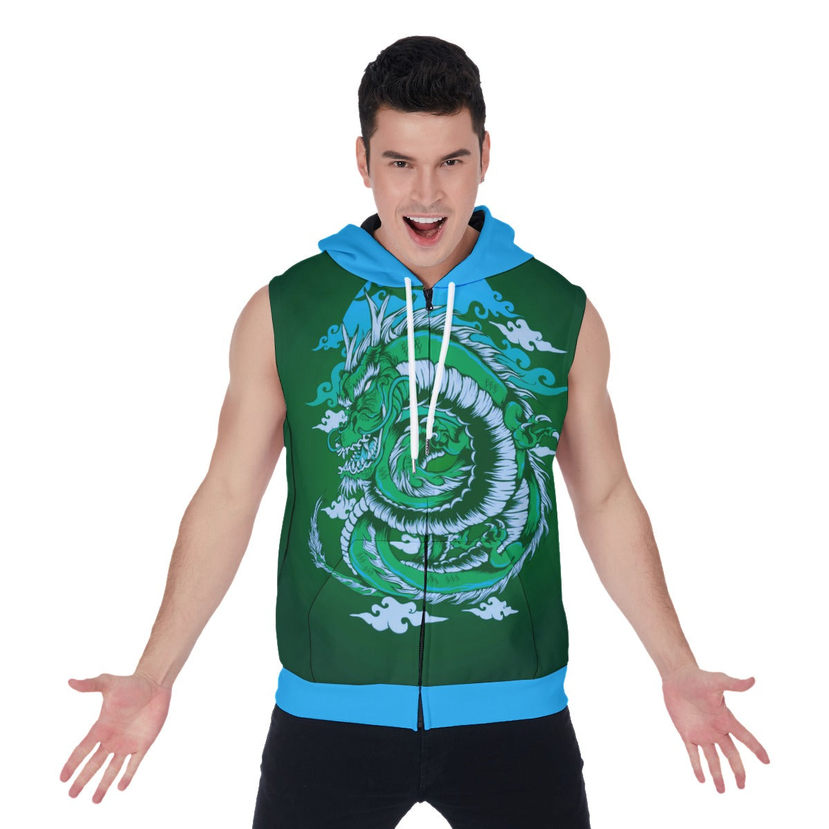 Traditional Japanese Dragon Men's Zipper-Up Sleeveless Hoodie