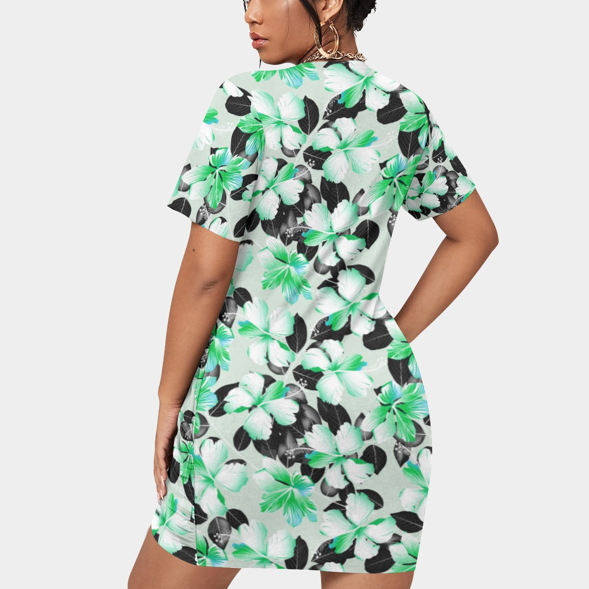 Women’s Tropic Style Stacked Hem Dress With Short Sleeve(Plus Size)