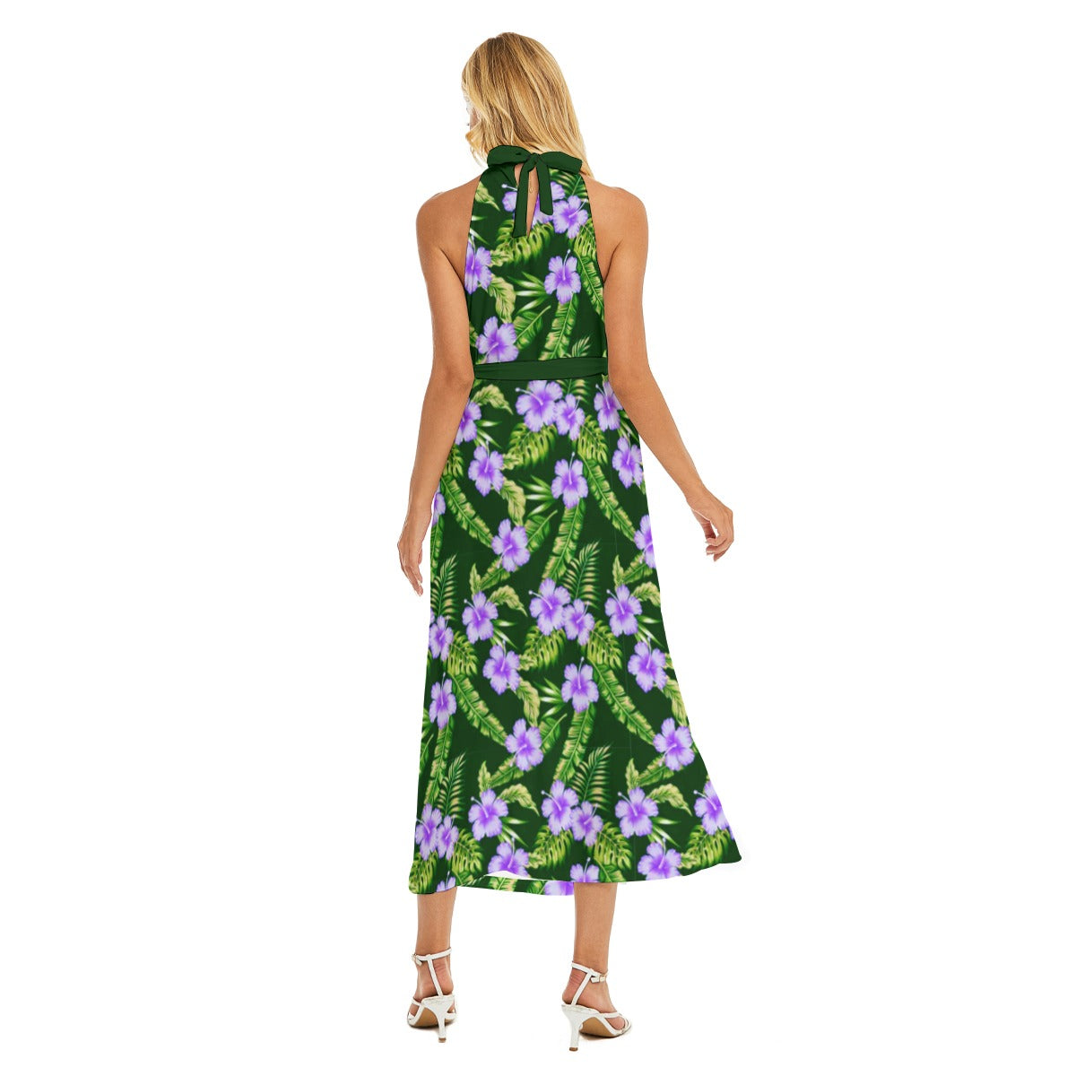 Tropical Hibiscus Women's Wrap Hem Belted Halter Dress