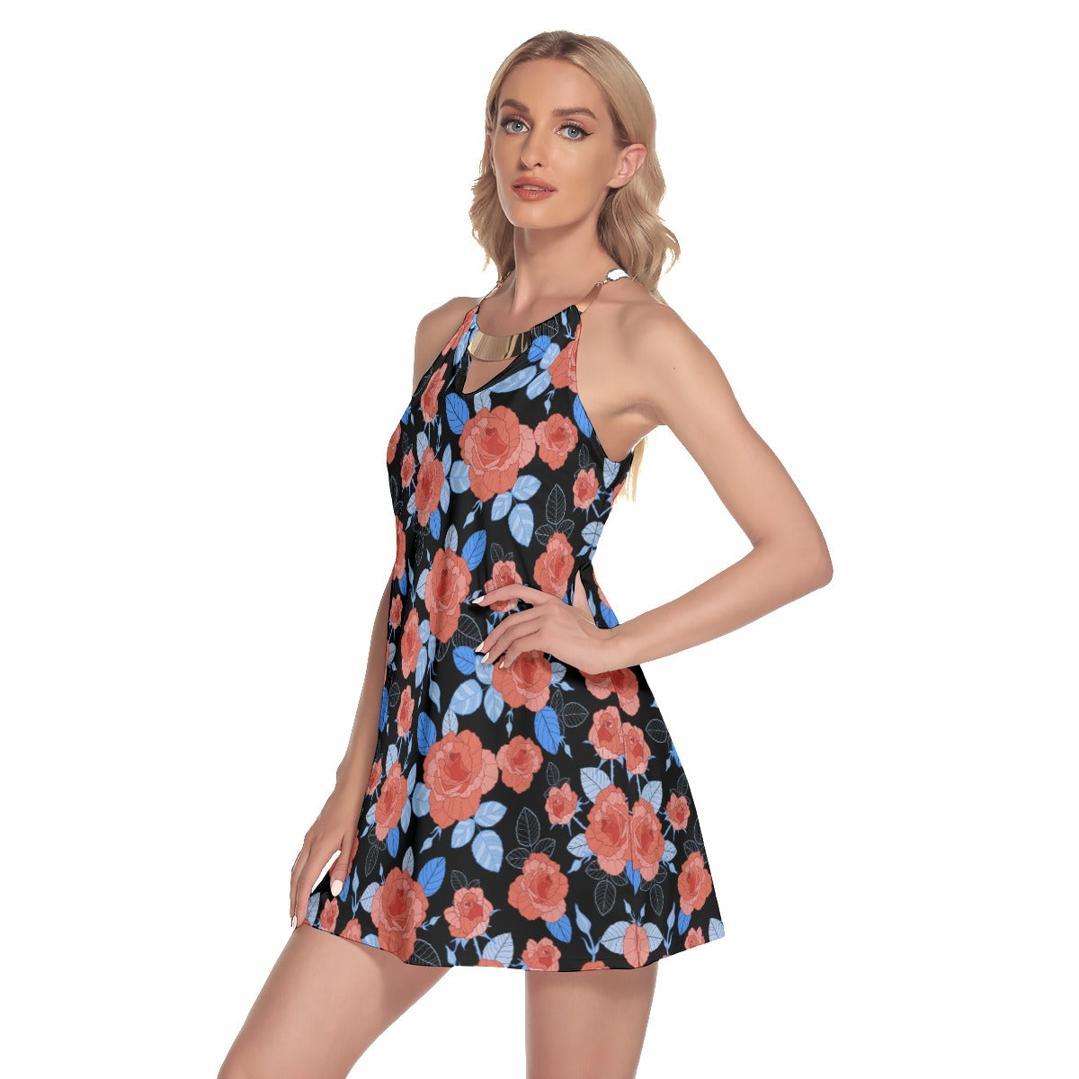 Red Roses Women's Round Neck Above Knee Dress