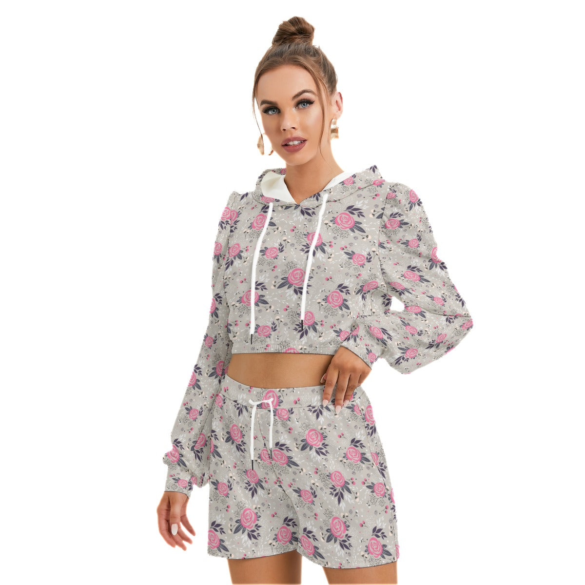 Cute Pink Flowers Women's Micro Fleece Hoodie And Shorts Set