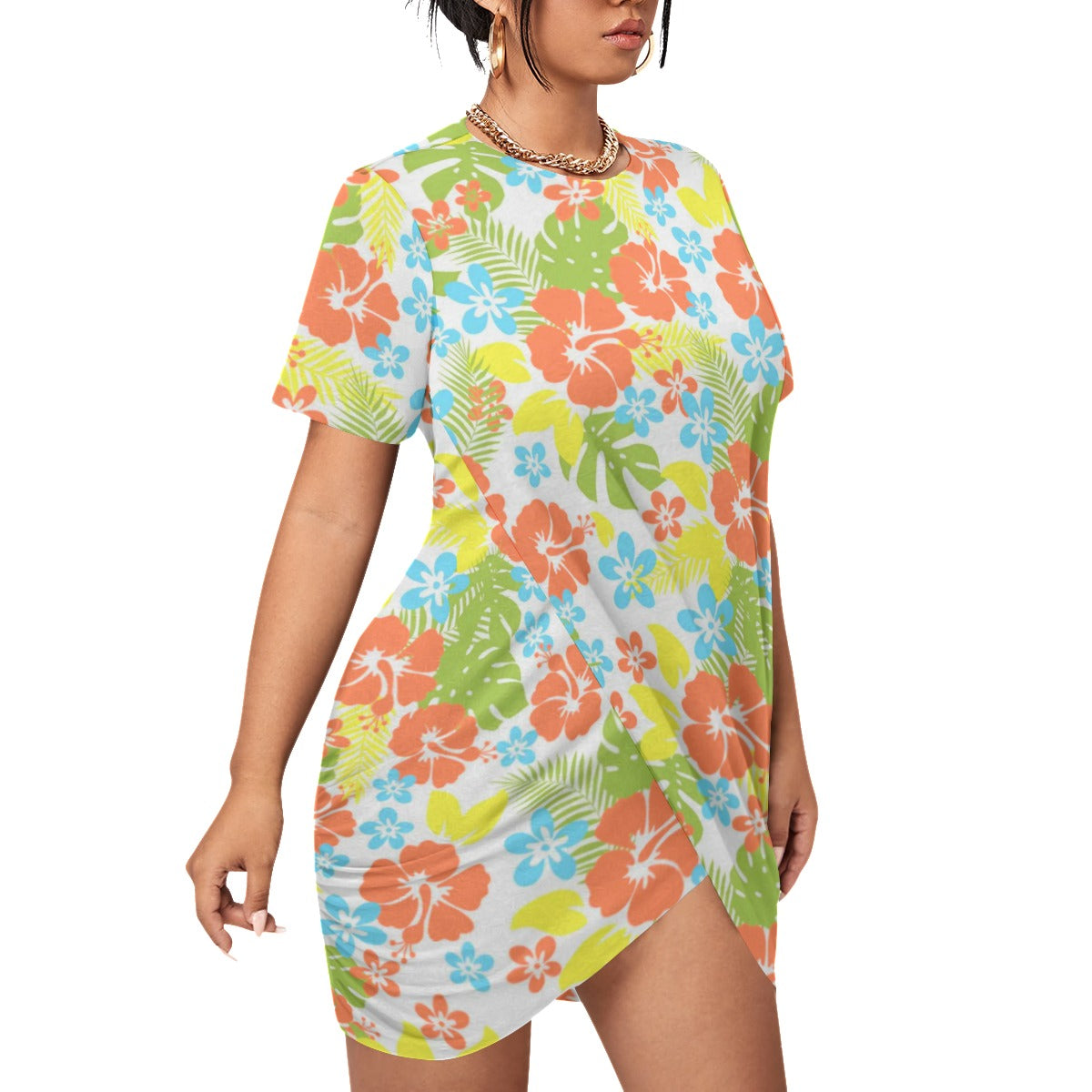Tropical Hawaiian Flowers Women’s Stacked Hem Dress With Short Sleeve(Plus Size)