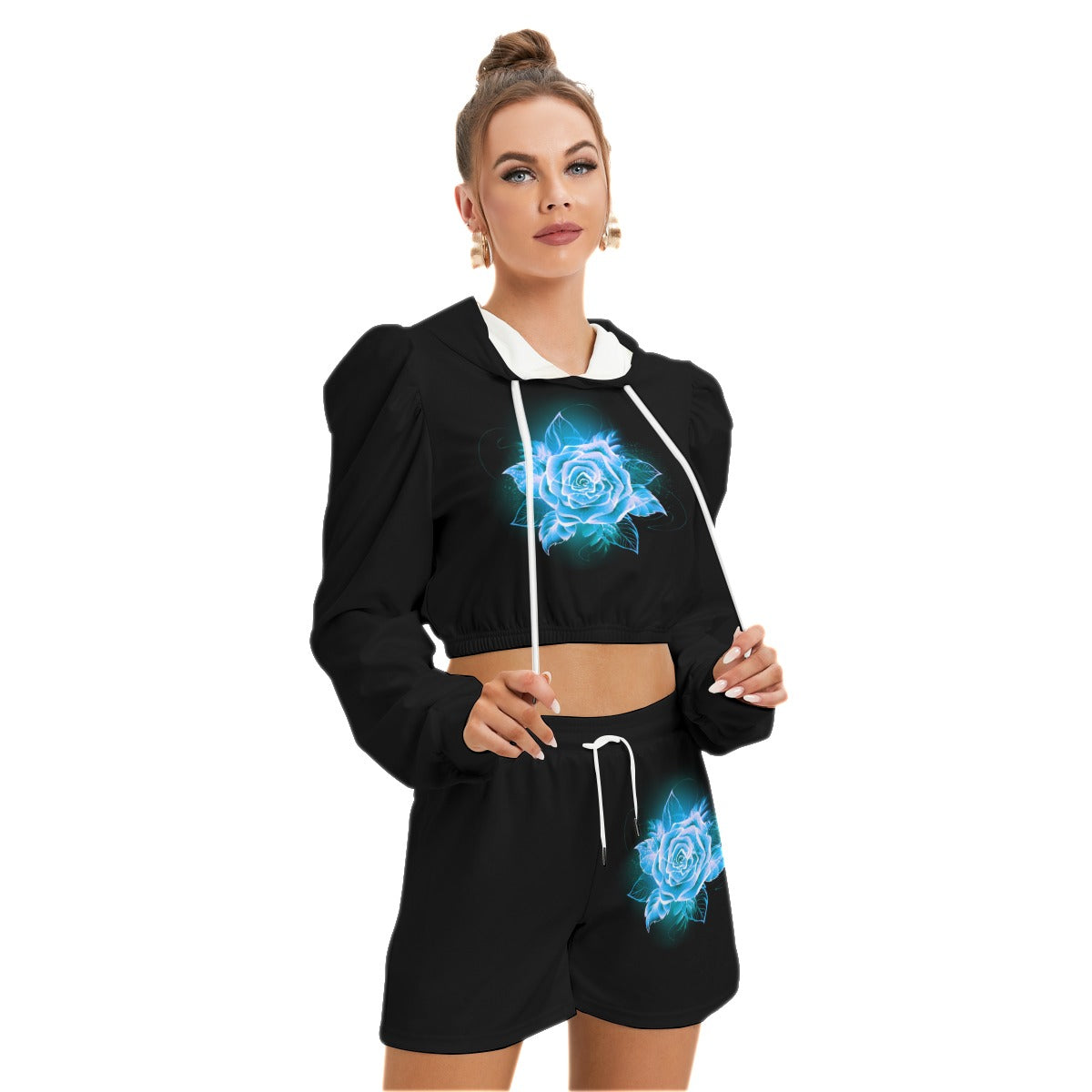 Blooming Light Blue Rose Women's Micro Fleece Hoodie And Shorts Set