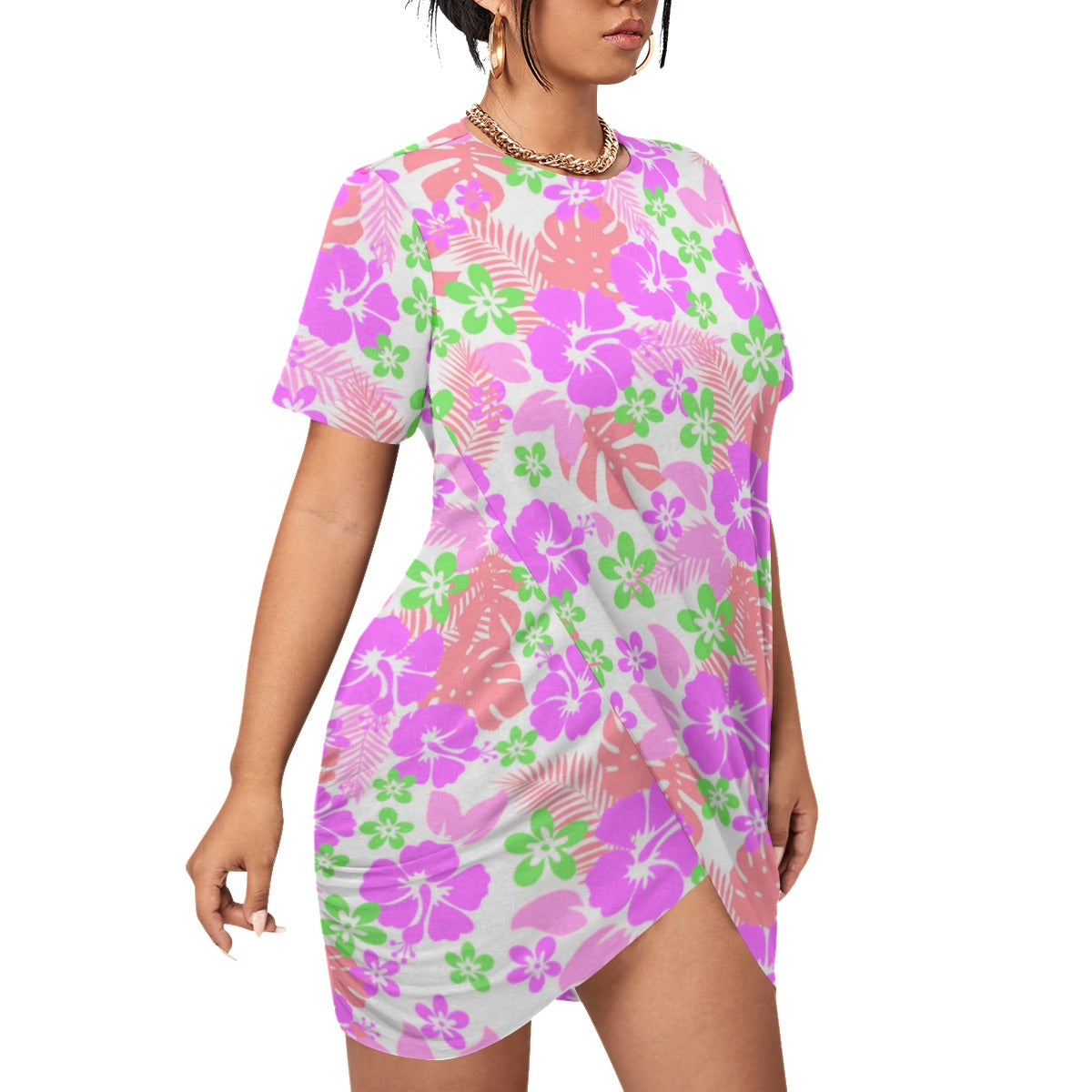 Tropical Hawaiian Flowers Women’s Stacked Hem Dress With Short Sleeve(Plus Size)