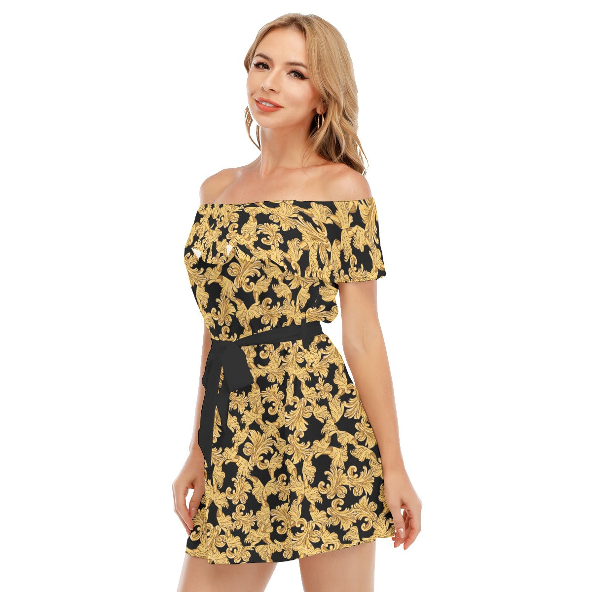 Golden Flowers Black Off-shoulder Dress With Ruffle
