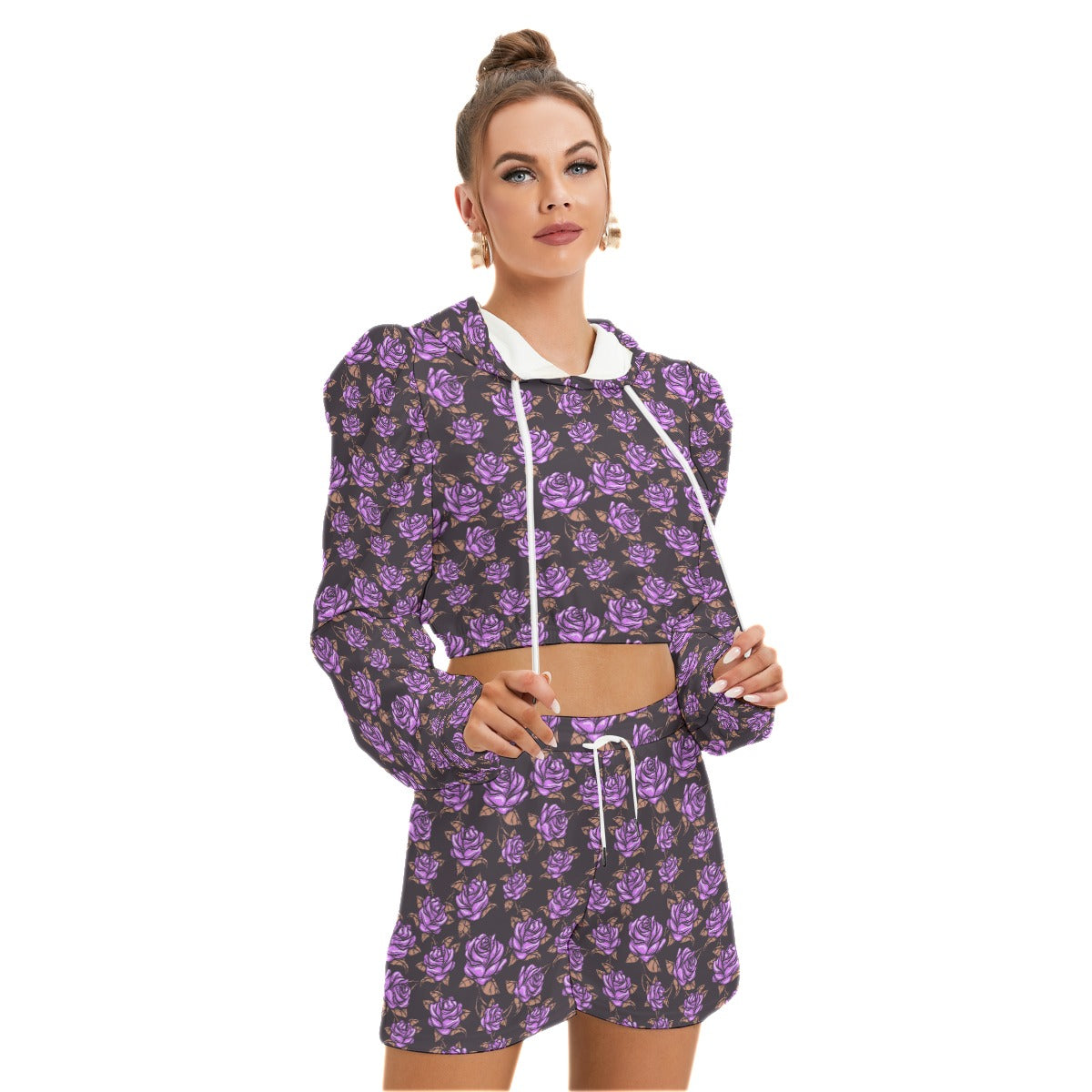 Purple Roses Women's Micro Fleece Hoodie And Shorts Set
