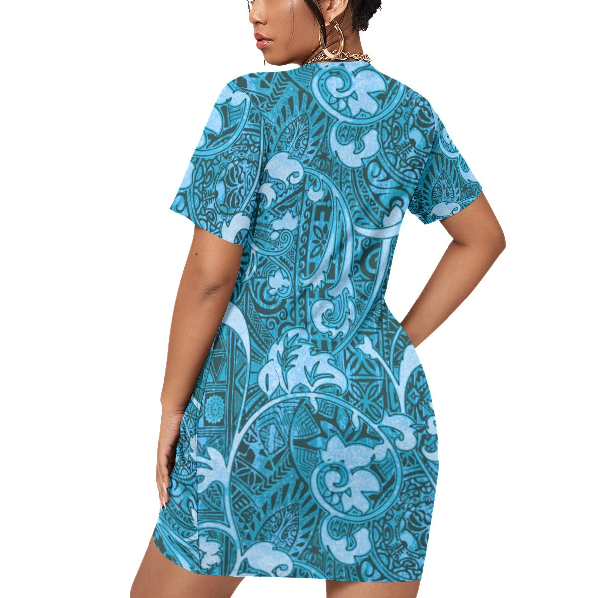 Hawaiian Style Women’s Stacked Hem Dress With Short Sleeve(Plus Size)