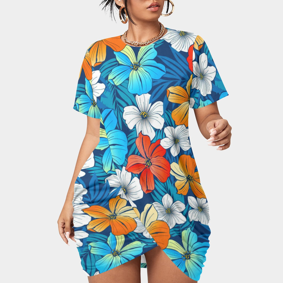 Women’s Tropical Summer Stacked Hem Dress With Short Sleeve(Plus Size)
