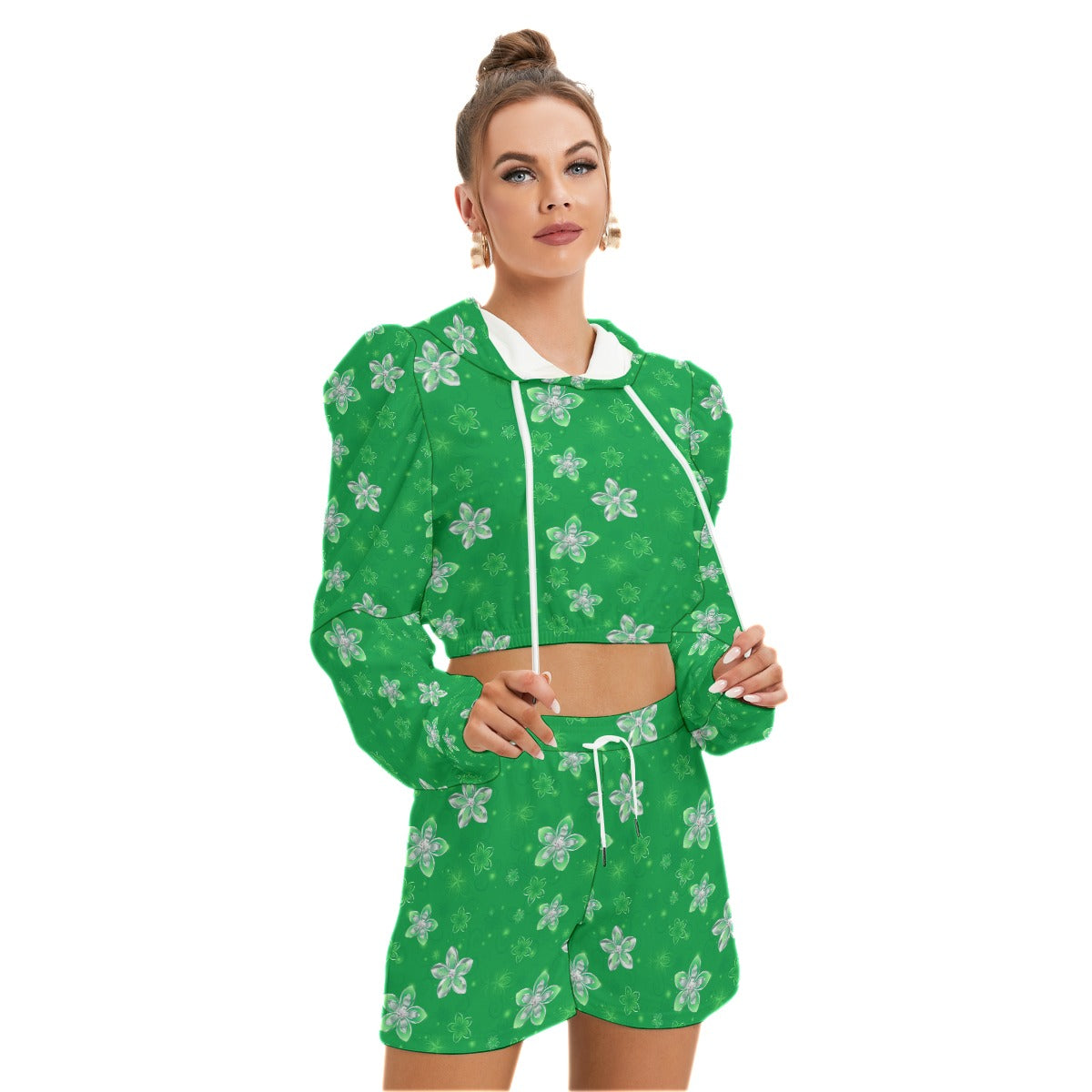 Green With Silver Flowers Women's Micro Fleece Hoodie And Shorts Set