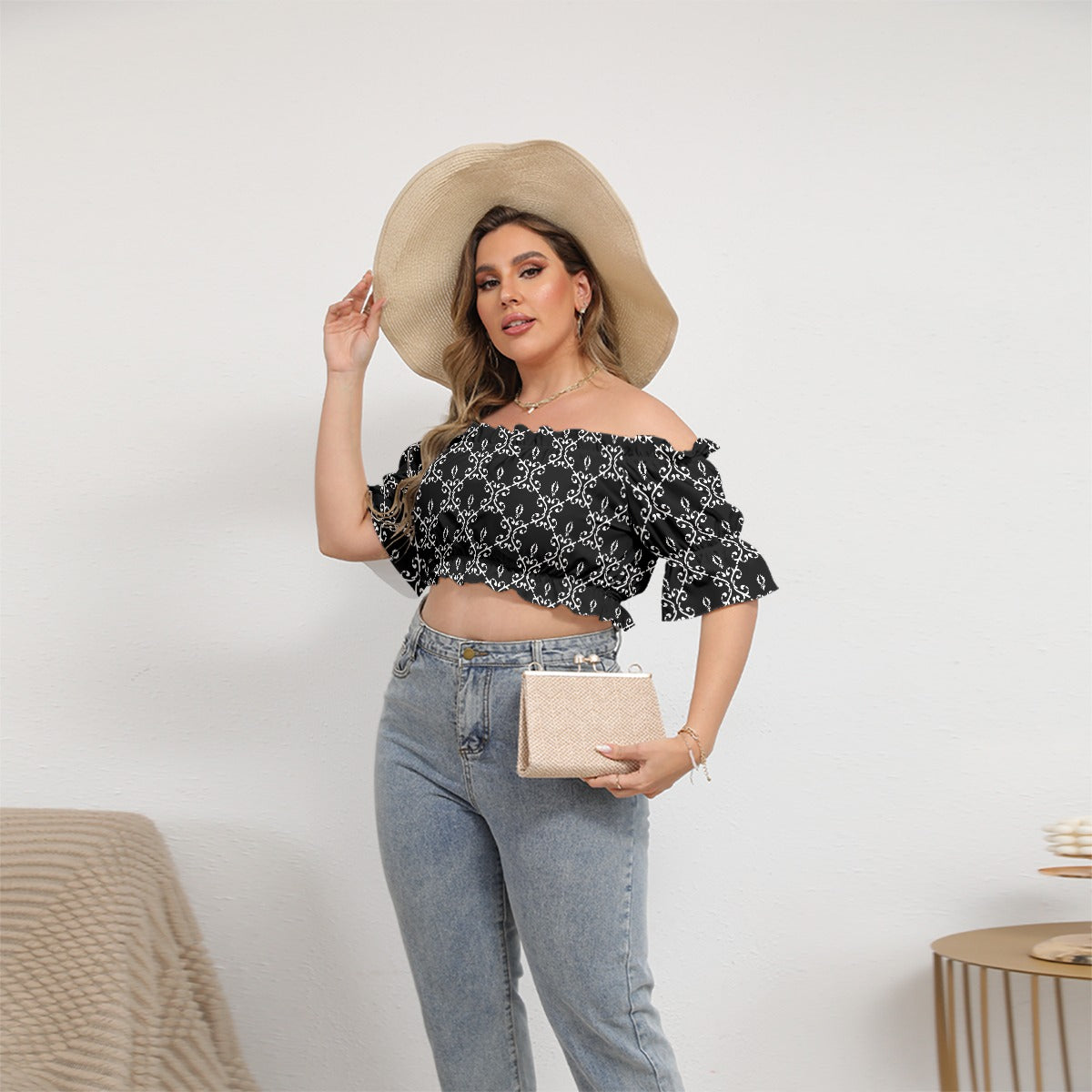 Cute Black & White Women's Off-shoulder Cropped Top With Short Puff Sleeve