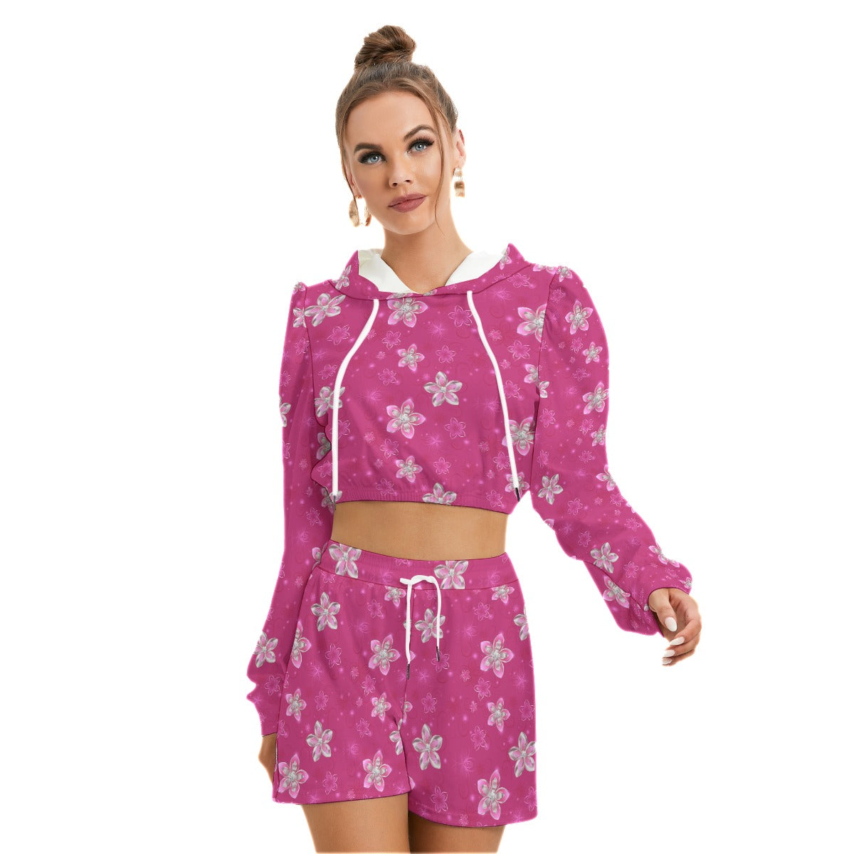 Pink With Silver Flowers Women's Micro Fleece Hoodie And Shorts Set