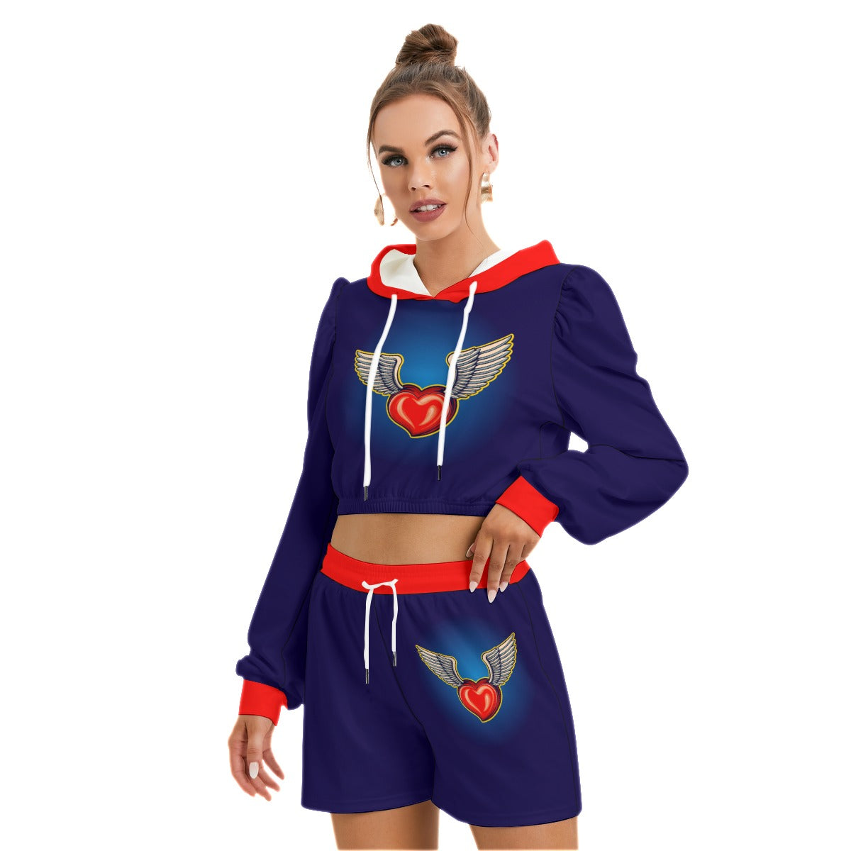 Cute Heart Love With Wings Women's Micro Fleece Hoodie And Shorts Set