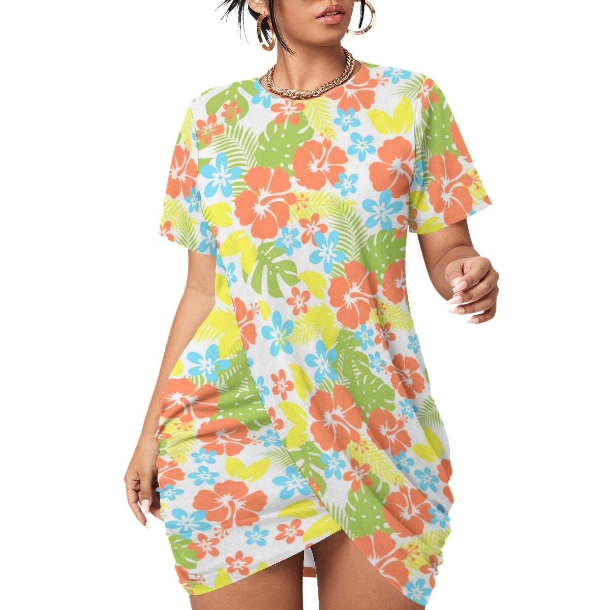 Tropical Hawaiian Flowers Women’s Stacked Hem Dress With Short Sleeve(Plus Size)