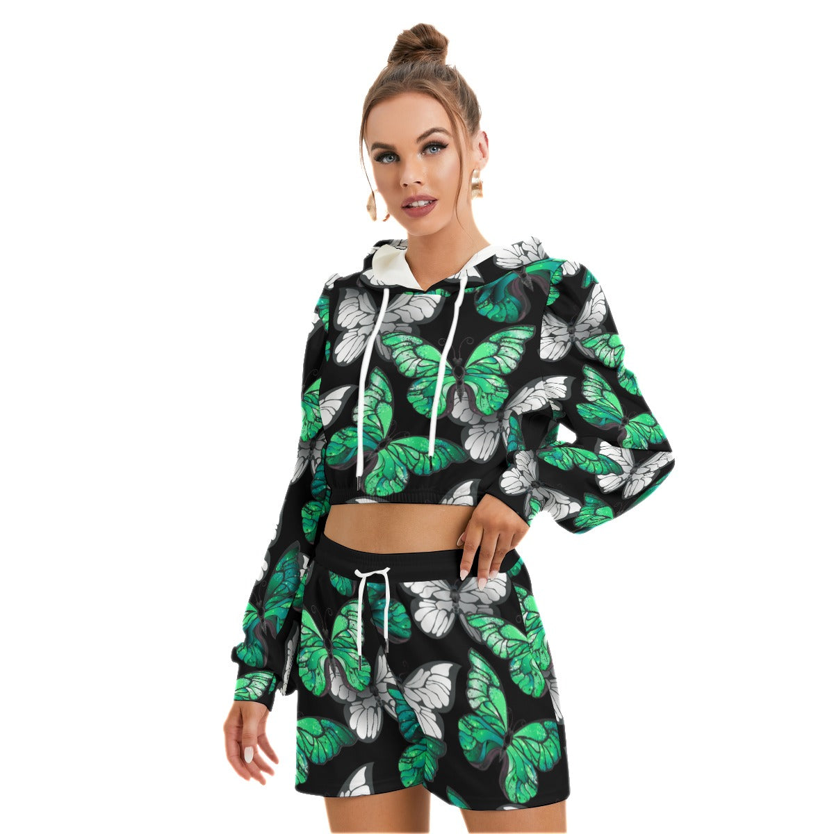 Teal & White Butterflies Women's Micro Fleece Hoodie And Shorts Set