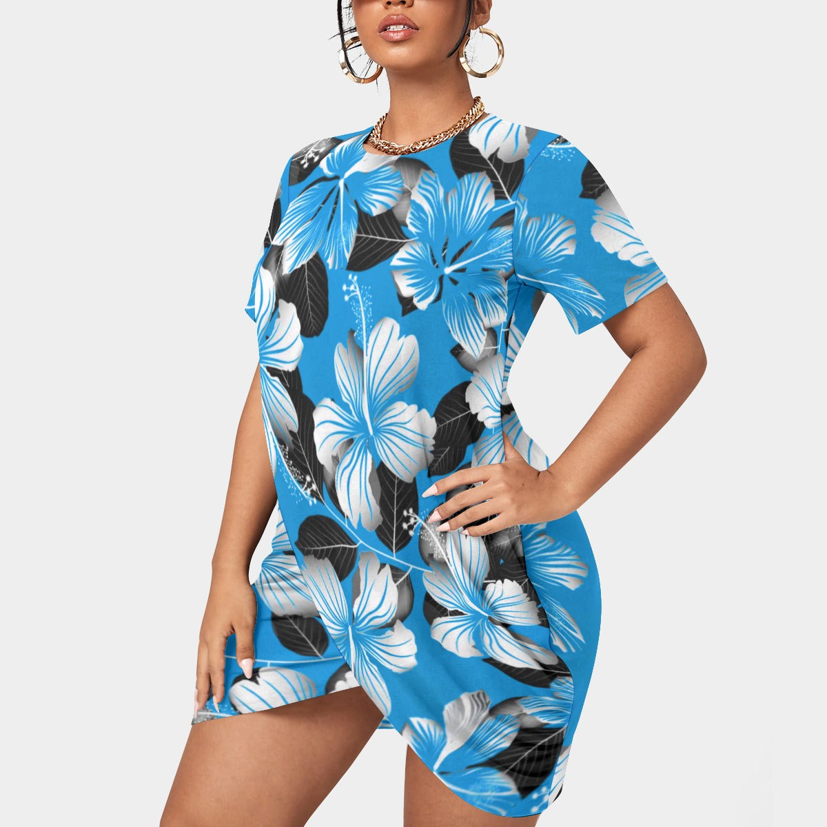Women’s Tropic Style Stacked Hem Dress With Short Sleeve(Plus Size)