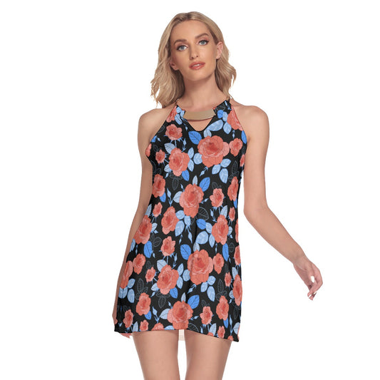 Red Roses Women's Round Neck Above Knee Dress