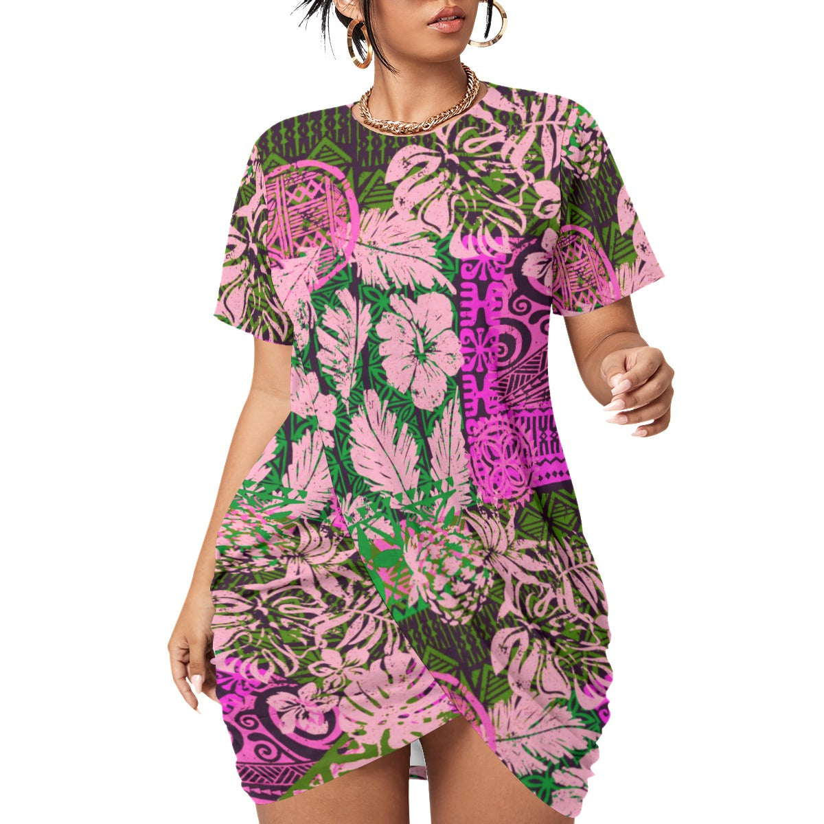 Hawaiian Style Women’s Stacked Hem Dress With Short Sleeve(Plus Size)