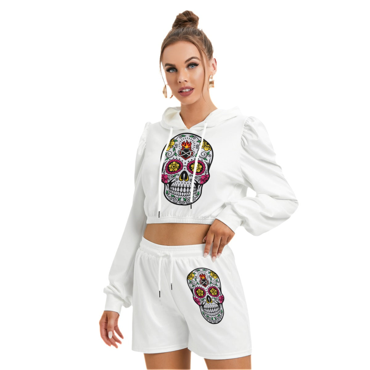 Sugar Skull White Women's Micro Fleece Hoodie And Shorts Set
