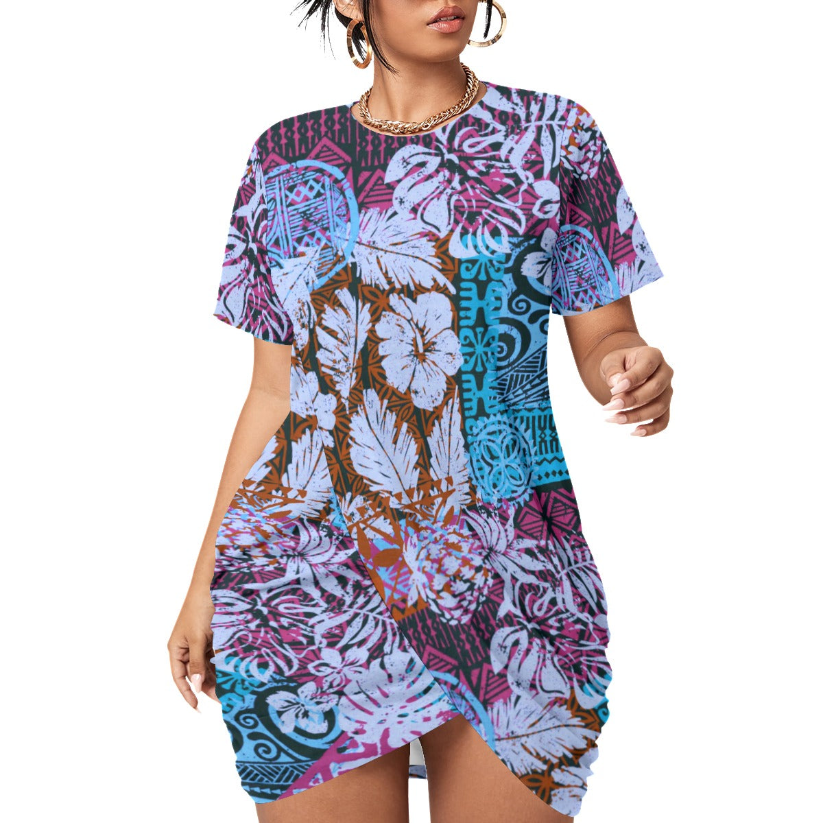 Hawaiian Style Women’s Stacked Hem Dress With Short Sleeve(Plus Size)