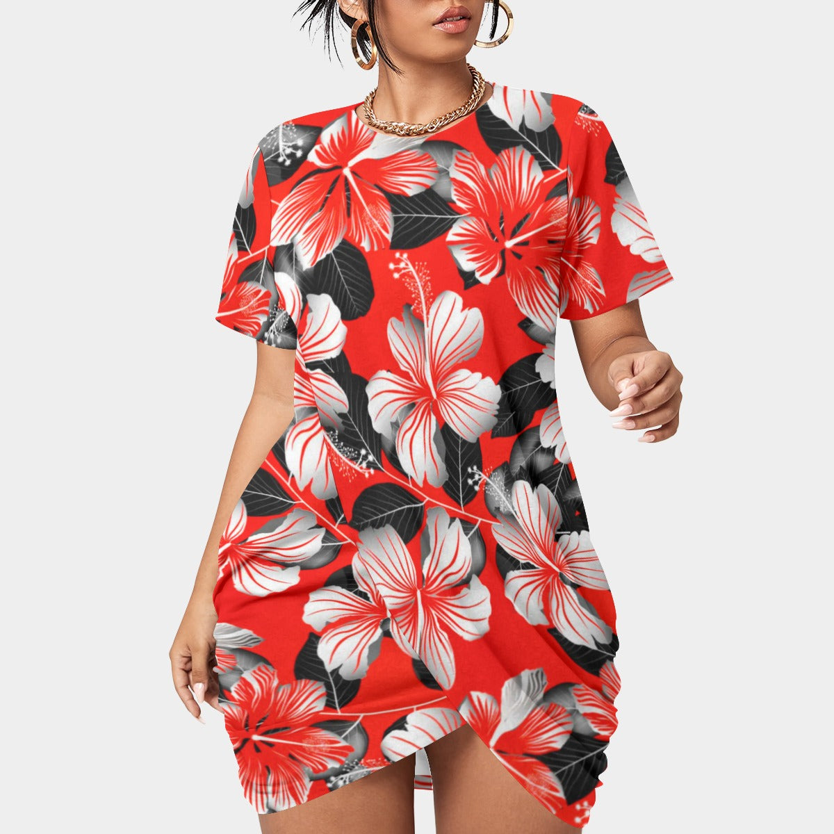 Women’s Tropic Style Stacked Hem Dress With Short Sleeve(Plus Size)