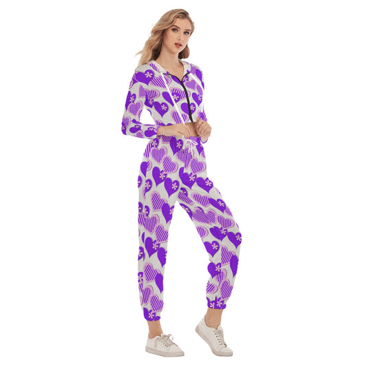 Cute Purple Hearts Women's Crop Hoodie Sports Sets