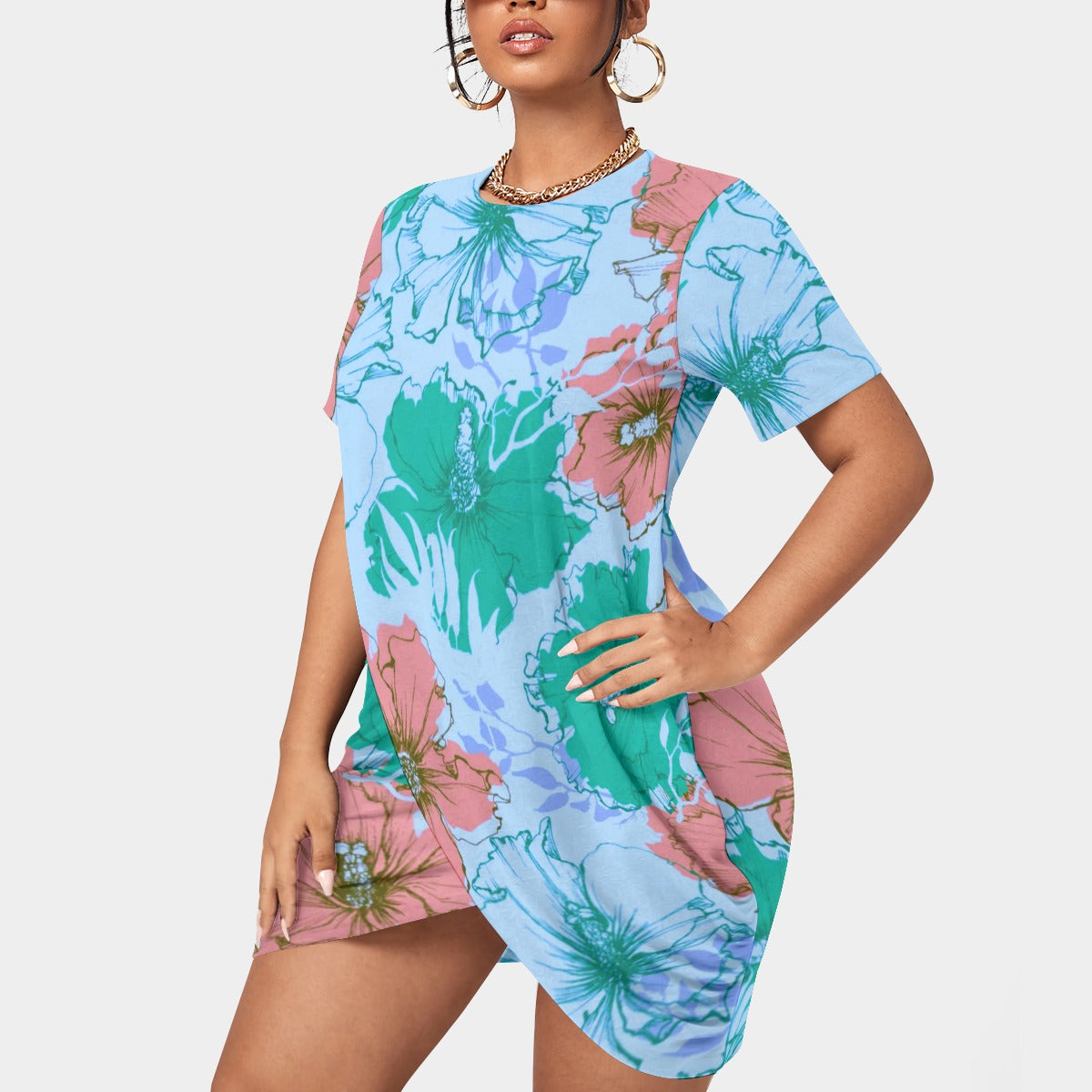 Women’s Tropical Summer Stacked Hem Dress With Short Sleeve(Plus Size)