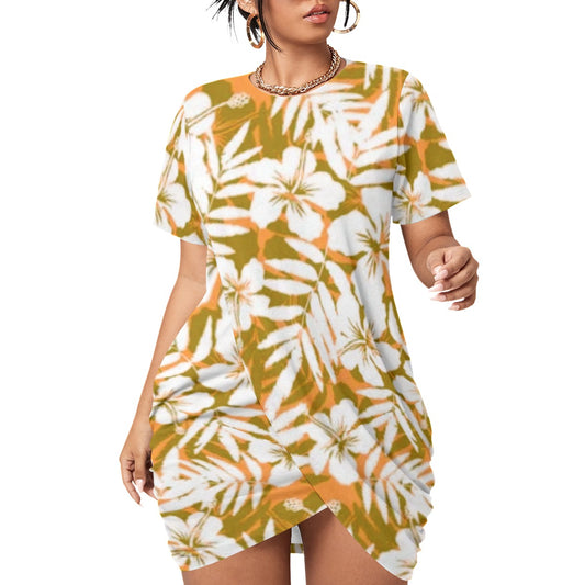 Orange Tropical Flowers Women’s Stacked Hem Dress With Short Sleeve (Plus Size)