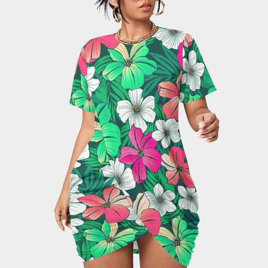 Women’s Tropical Summer Stacked Hem Dress With Short Sleeve(Plus Size)