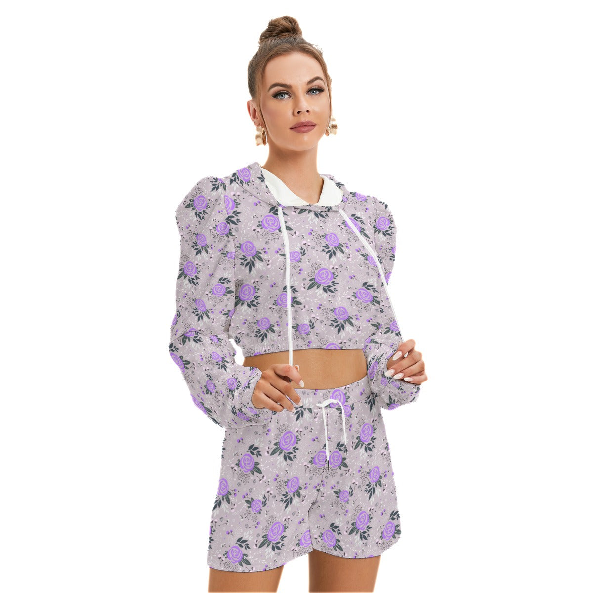 Cute Purple Flowers Women's Micro Fleece Hoodie And Shorts Set