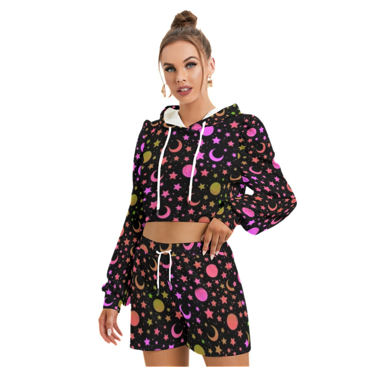 Mystical Pattern With Moon & Stars Women's Micro Fleece Hoodie And Shorts Set