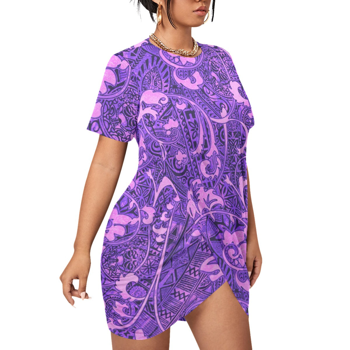 Hawaiian Style Women’s Stacked Hem Dress With Short Sleeve(Plus Size)