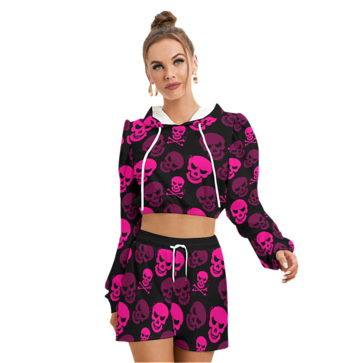 Pink Skulls Women's Micro Fleece Hoodie And Shorts Set