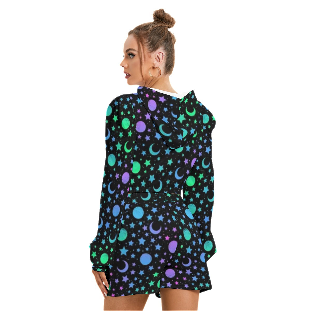 Mystical Pattern With Moon & Stars Women's Micro Fleece Hoodie And Shorts Set