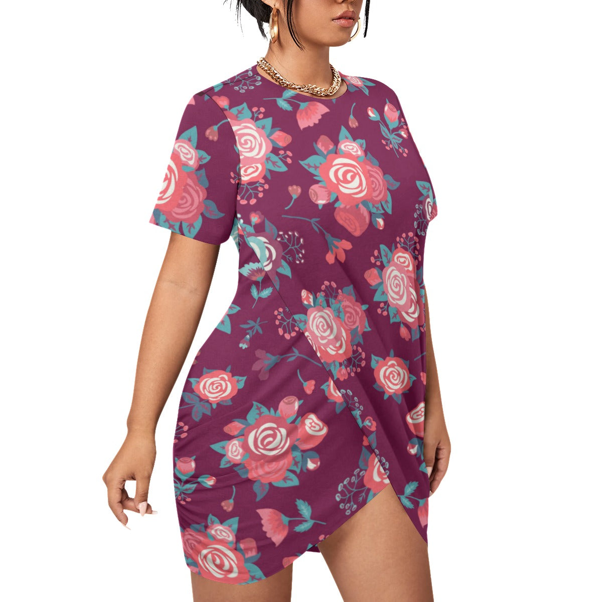 Cute Roses Women’s Stacked Hem Dress With Short Sleeve (Plus Size)